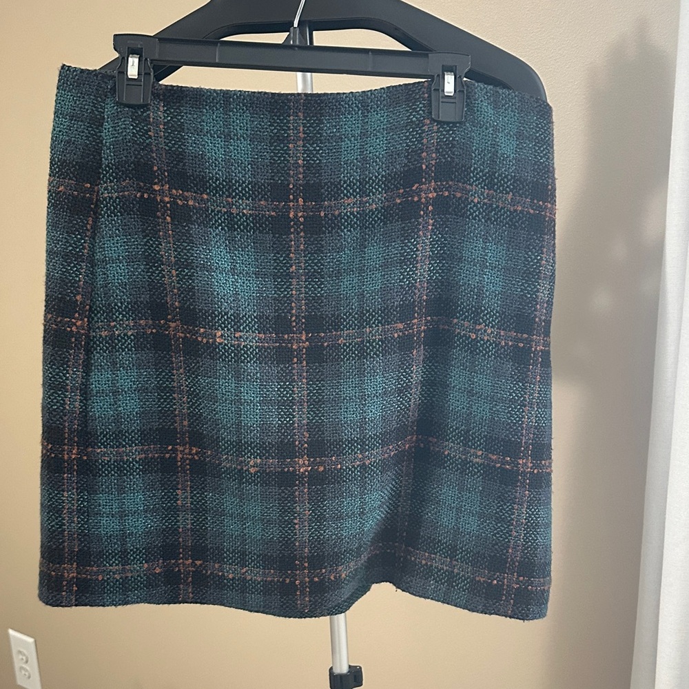 LOFT Teal and Black Plaid Mini Skirt with Rust Accents